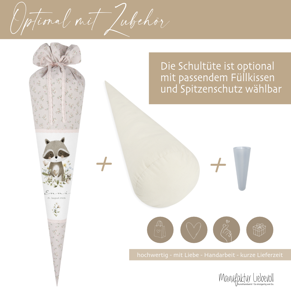 Personalisierte Stoff Schultüte mit Namen – Süße Waldtiere Motive & Boho-Details – Handgemacht zur Einschulung
