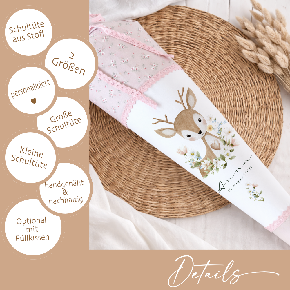 Personalisierte Stoff Schultüte mit Namen – Süße Waldtiere Motive & Boho-Details – Handgemacht zur Einschulung