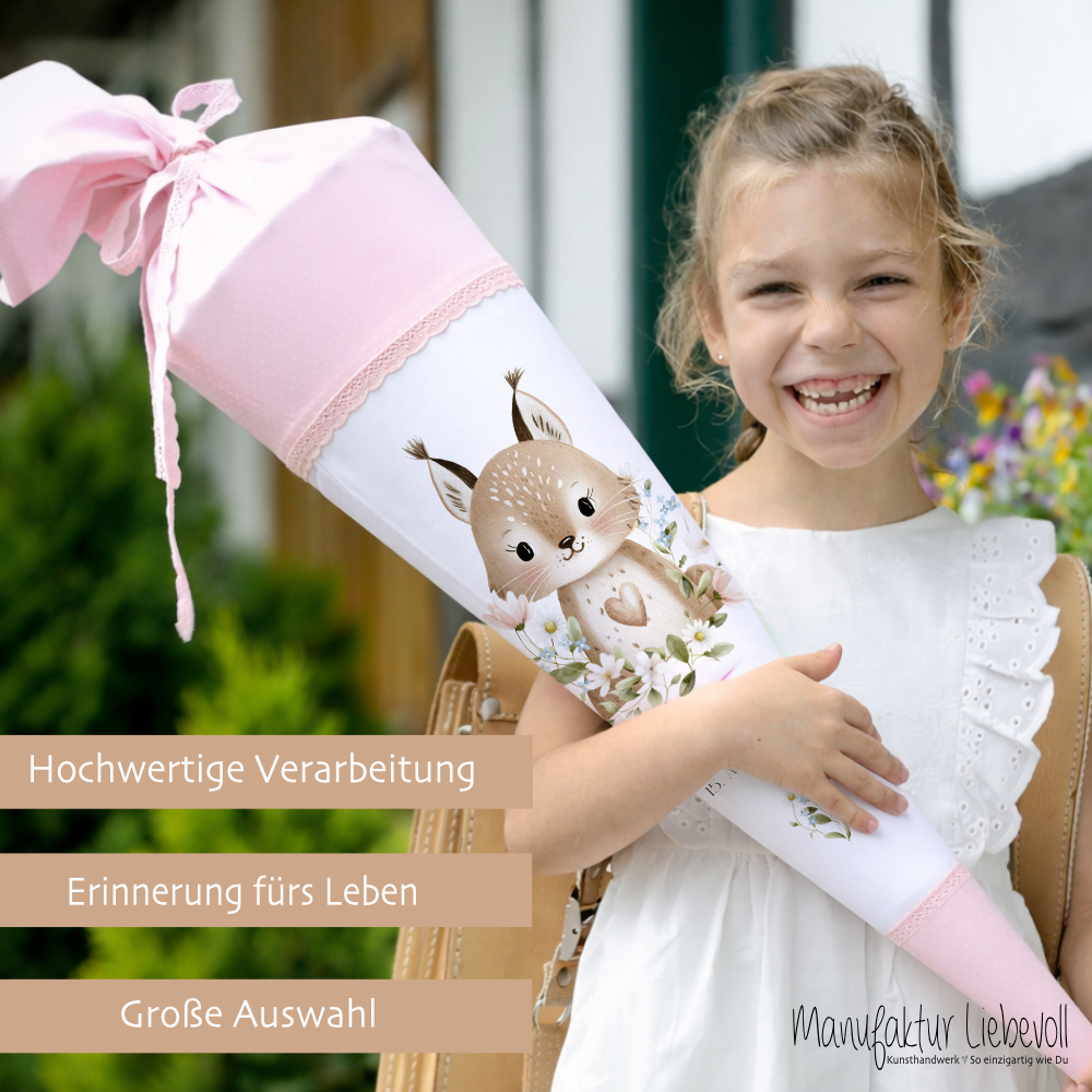 Personalisierte Stoff Schultüte mit Namen – Süße Waldtiere Motive & Boho-Details – Handgemacht zur Einschulung