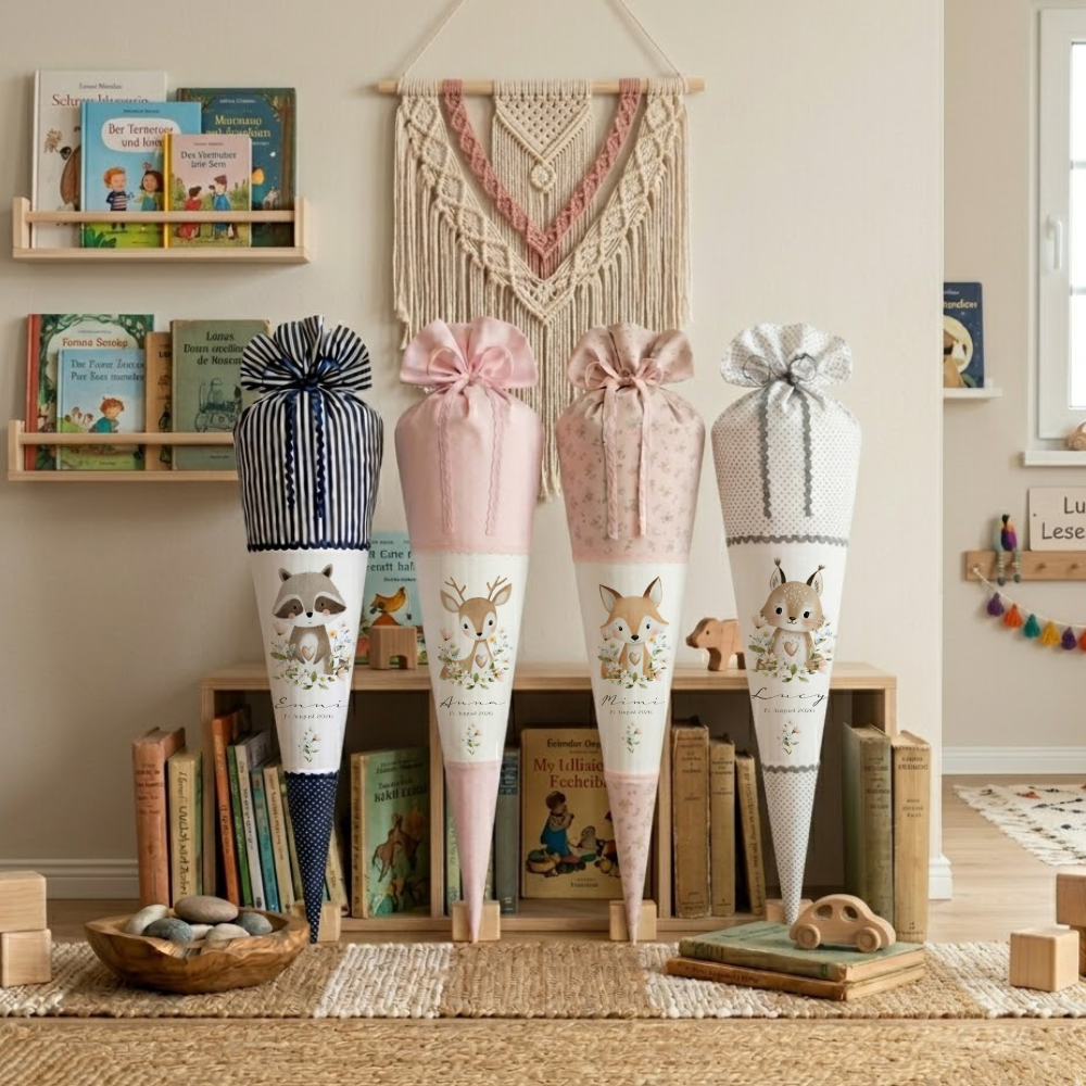 Personalisierte Stoff Schultüte mit Namen – Süße Waldtiere Motive & Boho-Details – Handgemacht zur Einschulung