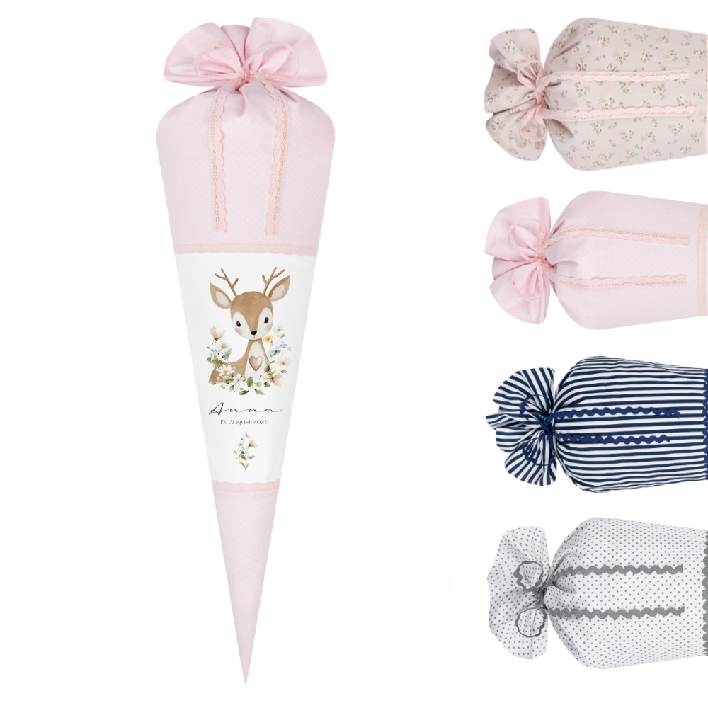 Personalisierte Stoff Schultüte mit Namen – Süße Waldtiere Motive & Boho-Details – Handgemacht zur Einschulung