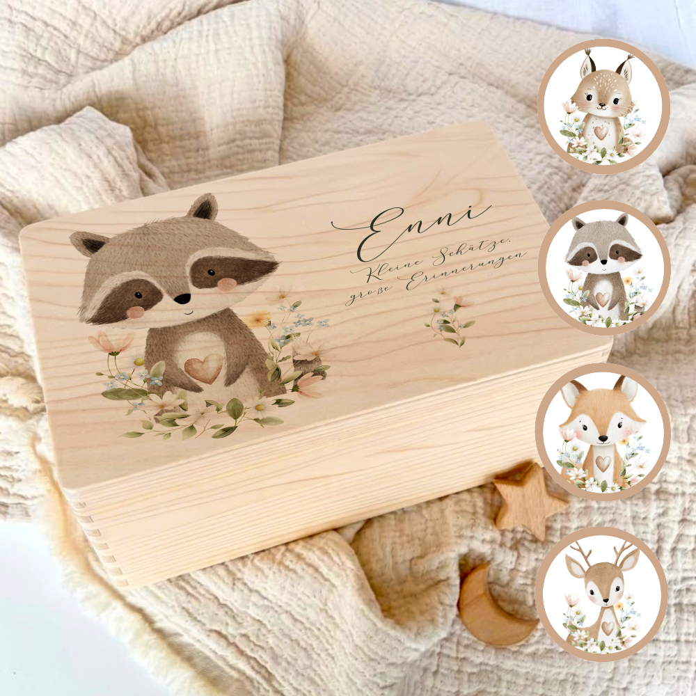 Personalisierte Erinnerungsbox aus Holz mit Namen – Süße Waldtiere Motive im Boho-Stil – Erinnerungskiste zur Geburt & Taufe