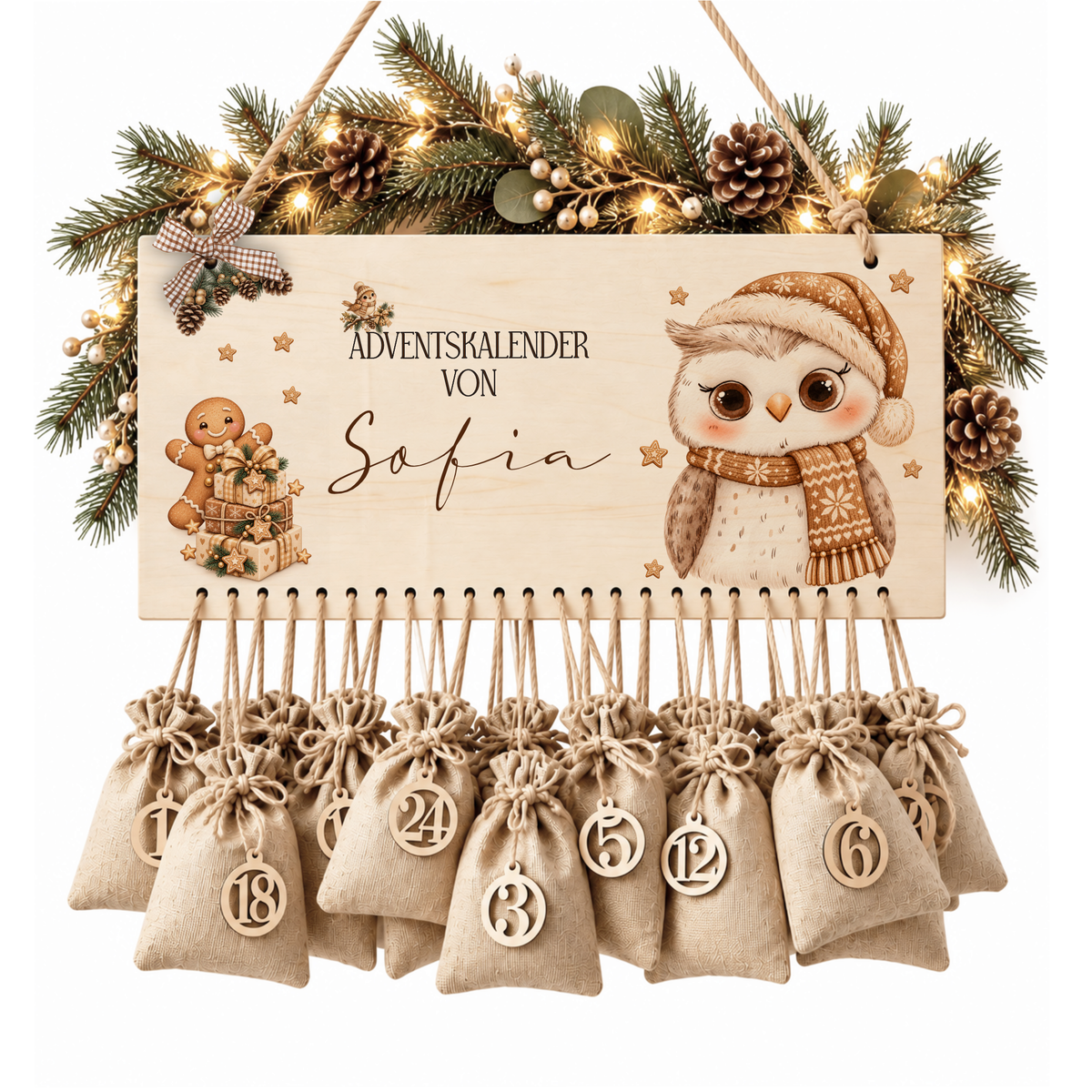 Personalisierter Adventskalender aus Holz mit Namen – 6 Tiermotive