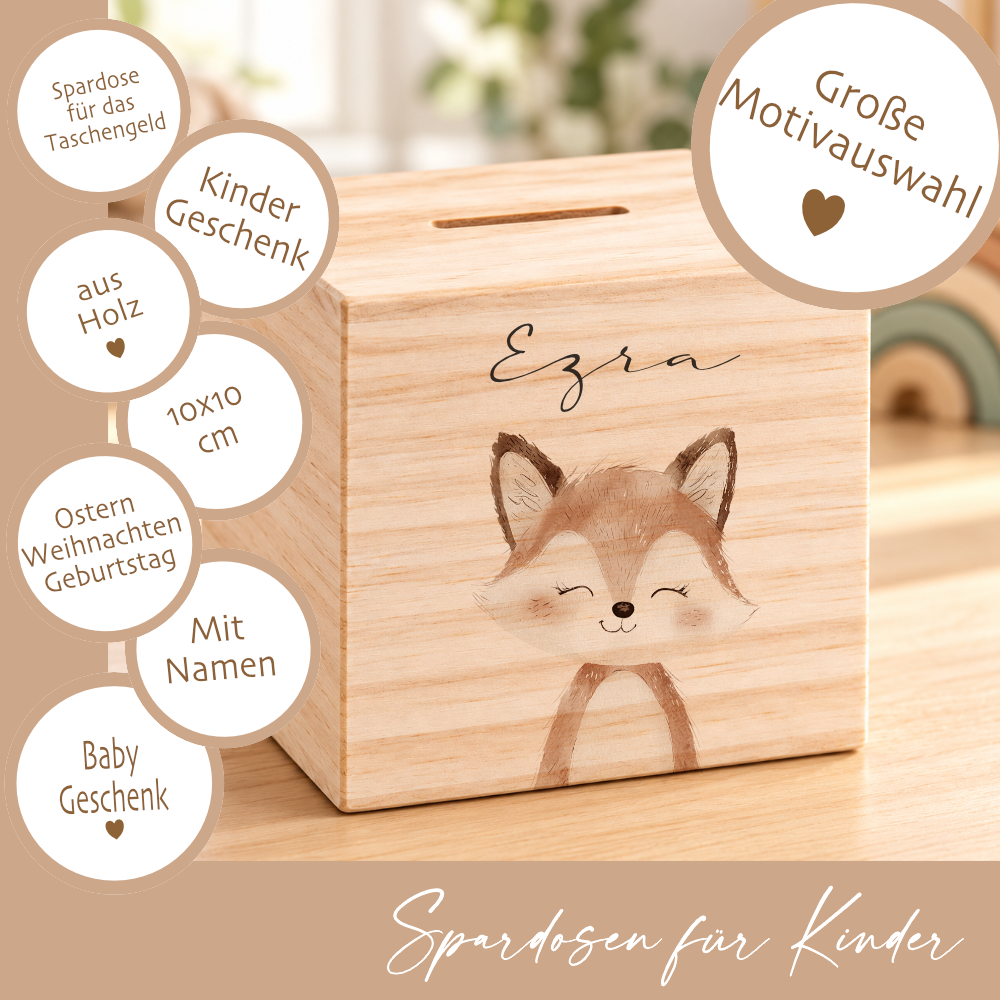 Spardose aus Holz personalisiert mit Namen – 7 Tiermotive