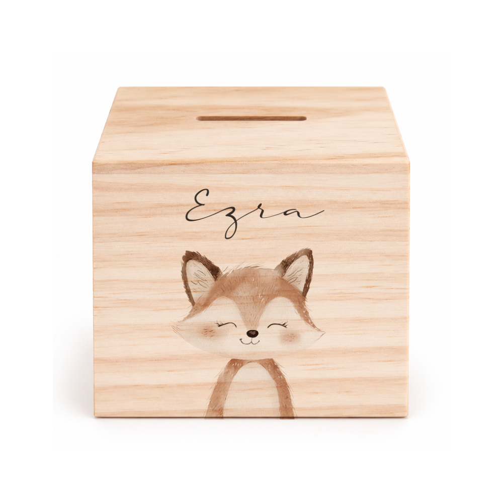 Spardose aus Holz personalisiert mit Namen – 7 Tiermotive
