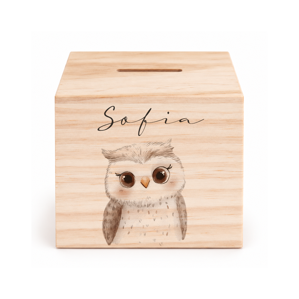 Spardose aus Holz personalisiert mit Namen – 7 Tiermotive