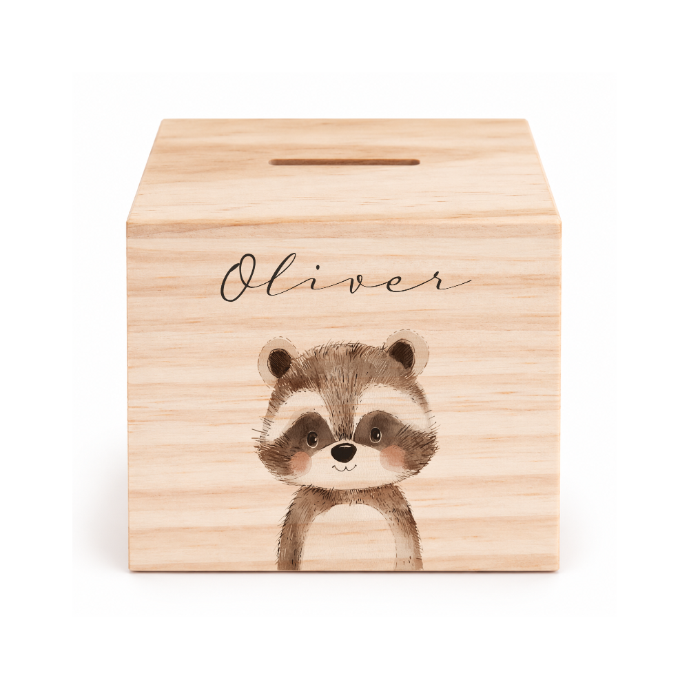 Spardose aus Holz personalisiert mit Namen – 7 Tiermotive