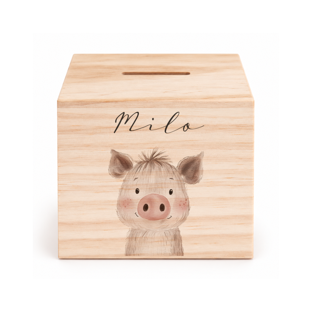 Spardose aus Holz personalisiert mit Namen – 7 Tiermotive
