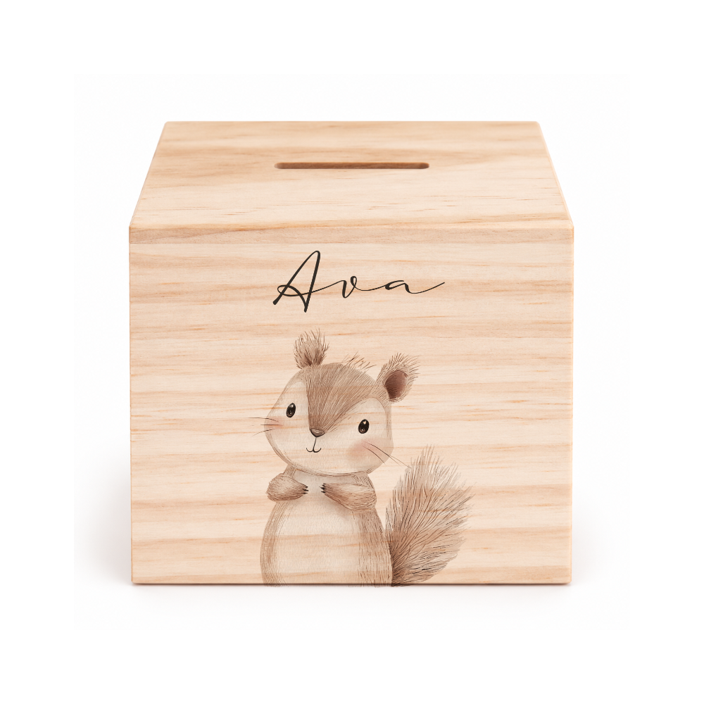 Spardose aus Holz personalisiert mit Namen – 7 Tiermotive