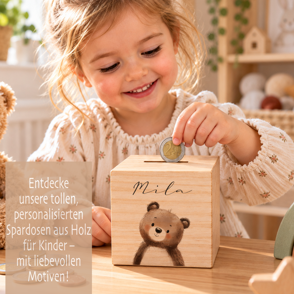 Spardose aus Holz personalisiert mit Namen – 7 Tiermotive
