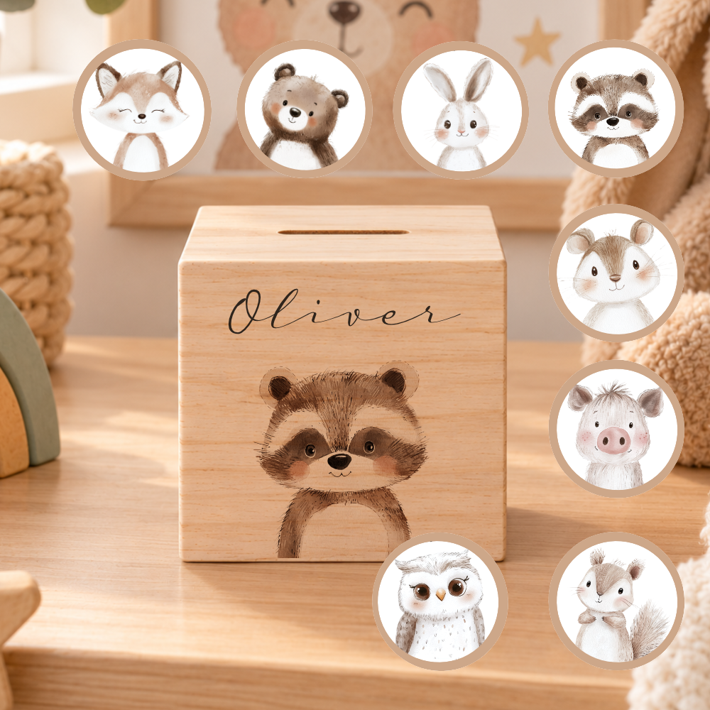 Spardose aus Holz personalisiert mit Namen – 7 Tiermotive