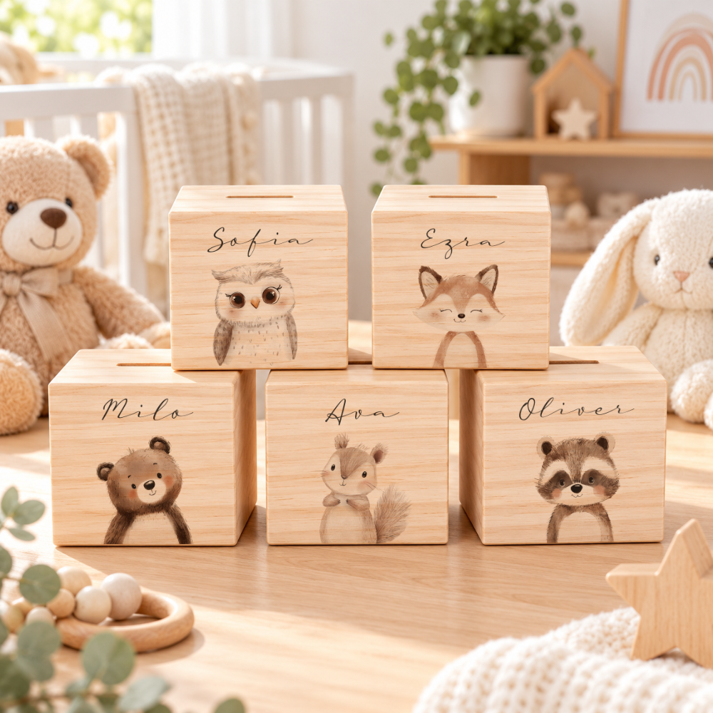 Spardose aus Holz personalisiert mit Namen – 7 Tiermotive