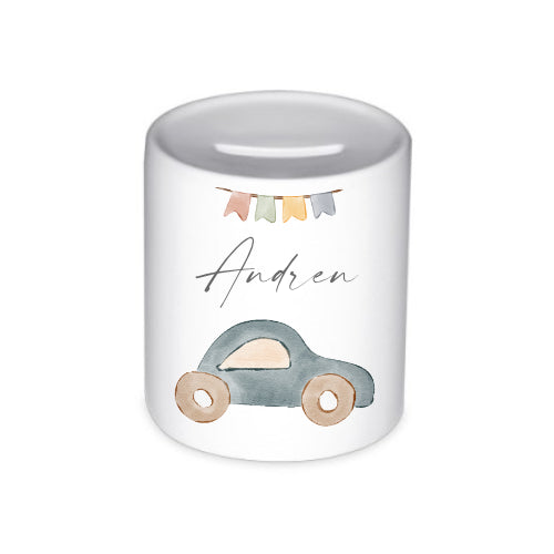 Kinderspardose mit Auto - Personalisiert mit dem Namen des Kindes