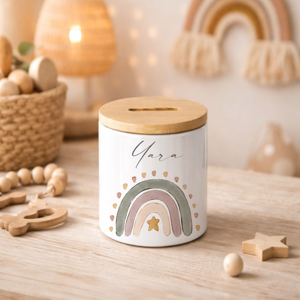 Personalisierte Spardose für Kinder aus Keramik mit Bambusdeckel – mit Namen – 6 Motive