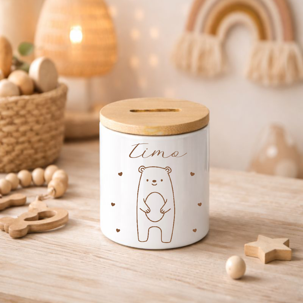 Personalisierte Kinderspardose mit Namen aus Keramik & Bambusdeckel