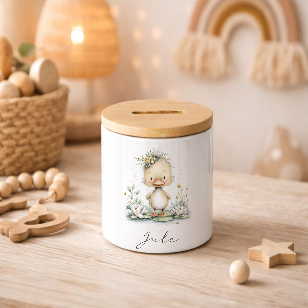 Personalisierte Keramik-Spardose mit Bambusdeckel für Kinder & Babys | Individuelles Geldgeschenk mit Namen | Motive: Igel, Faultier, Otter, Ente, Küken