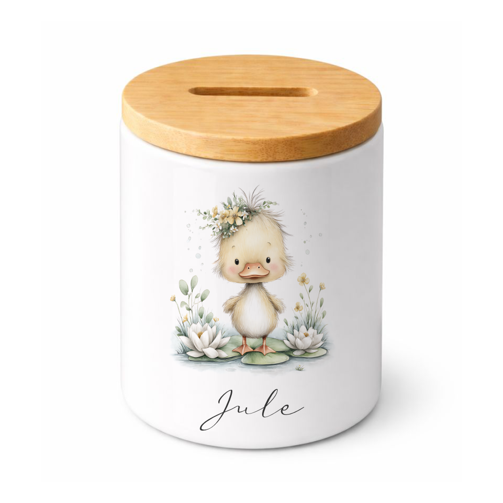 Personalisierte Keramik-Spardose mit Bambusdeckel für Kinder & Babys | Individuelles Geldgeschenk mit Namen | Motive: Igel, Faultier, Otter, Ente, Küken