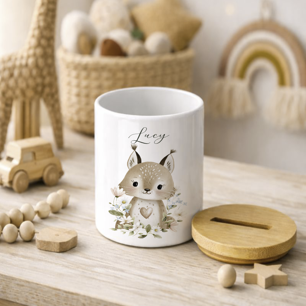 Personalisierte Spardose aus Keramik mit Bambusdeckel – Süße Waldtiere Motive im Boho-Stil – Sparbüchse mit Namen für Kinder