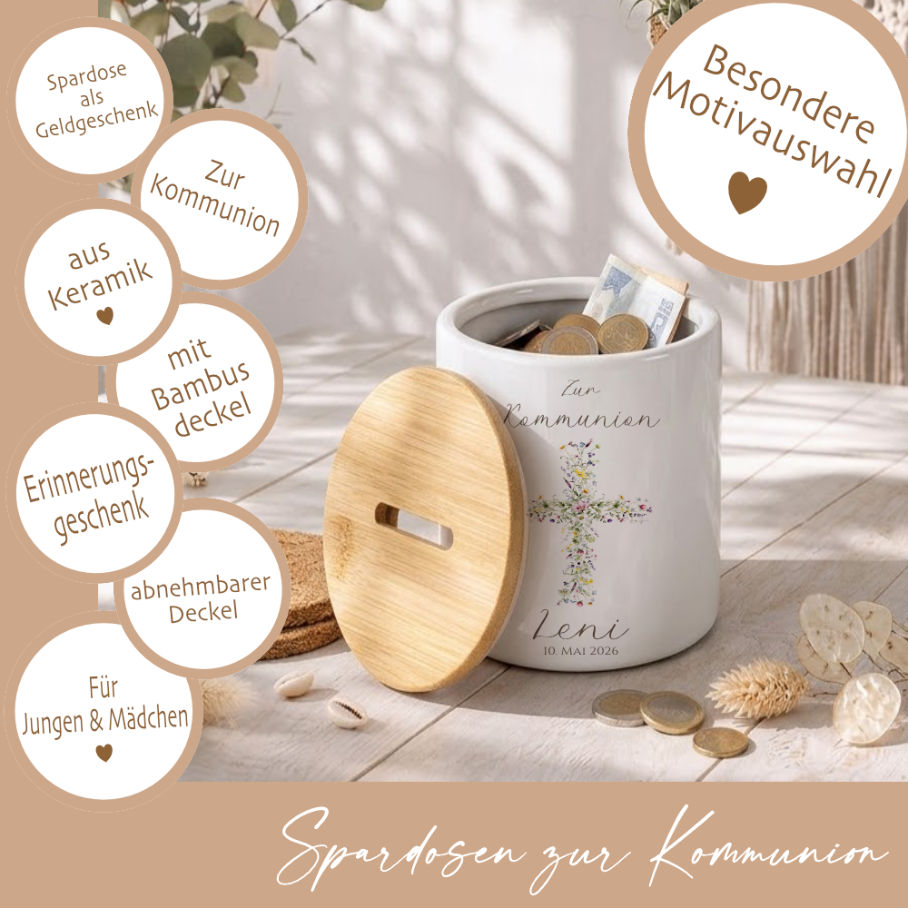 Personalisierte Spardose zur Kommunion – Geldgeschenk aus Keramik mit Bambusdeckel