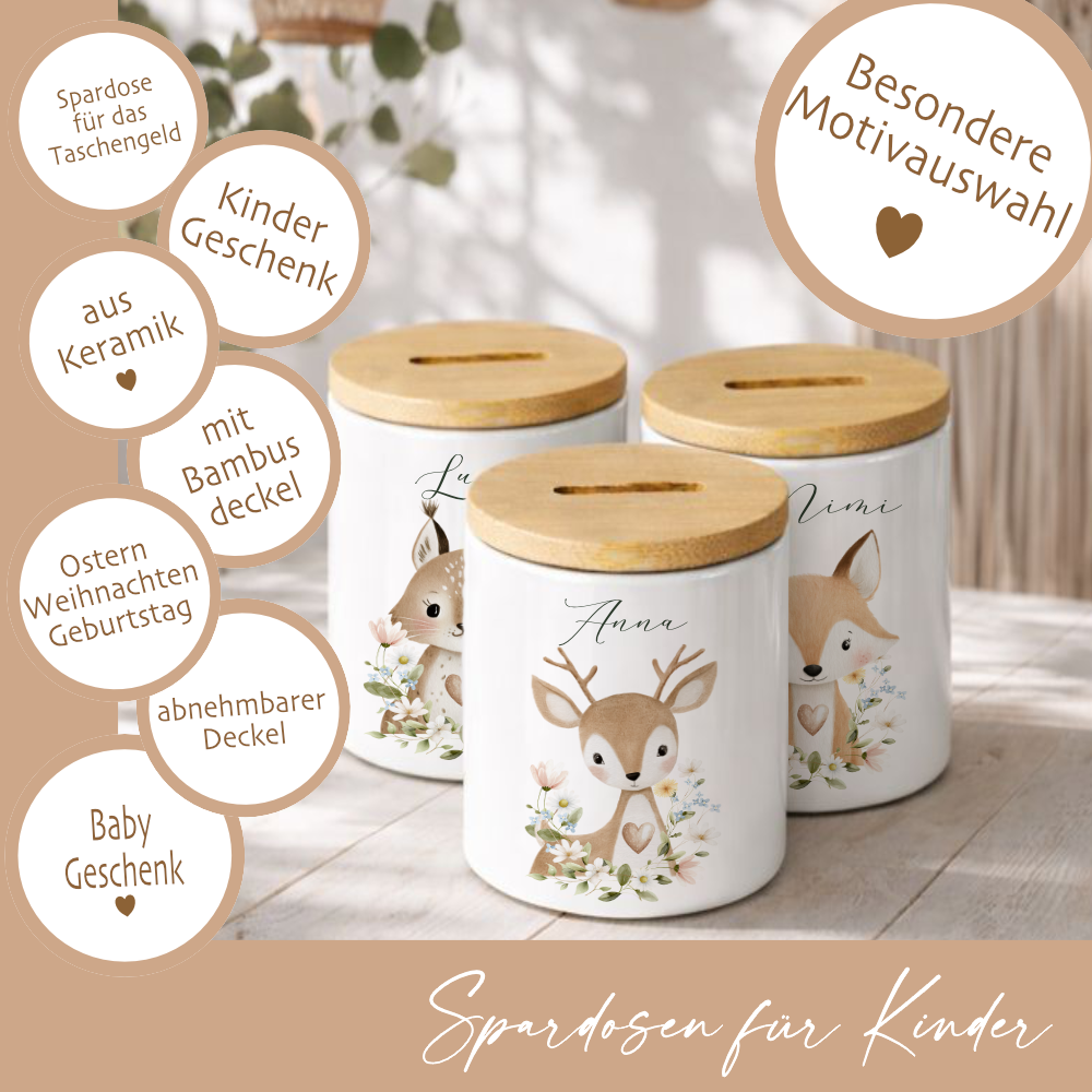 Personalisierte Spardose aus Keramik mit Bambusdeckel – Süße Waldtiere Motive im Boho-Stil – Sparbüchse mit Namen für Kinder