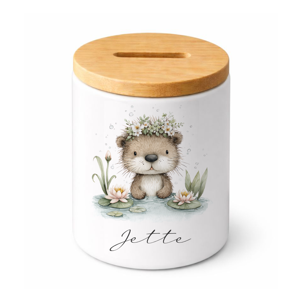 Personalisierte Keramik-Spardose mit Bambusdeckel für Kinder & Babys | Individuelles Geldgeschenk mit Namen | Motive: Igel, Faultier, Otter, Ente, Küken