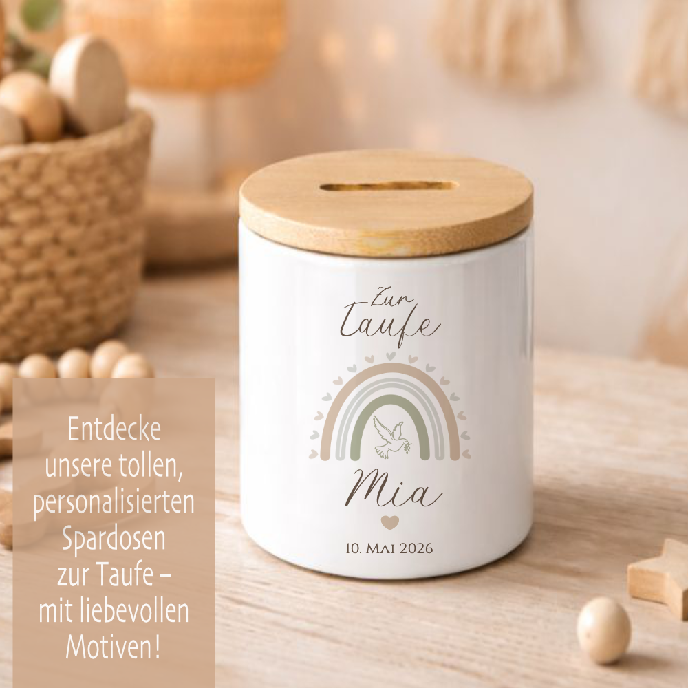 Personalisierte Spardose zur Taufe aus Bambus – Individuelles Taufgeschenk mit Gravur