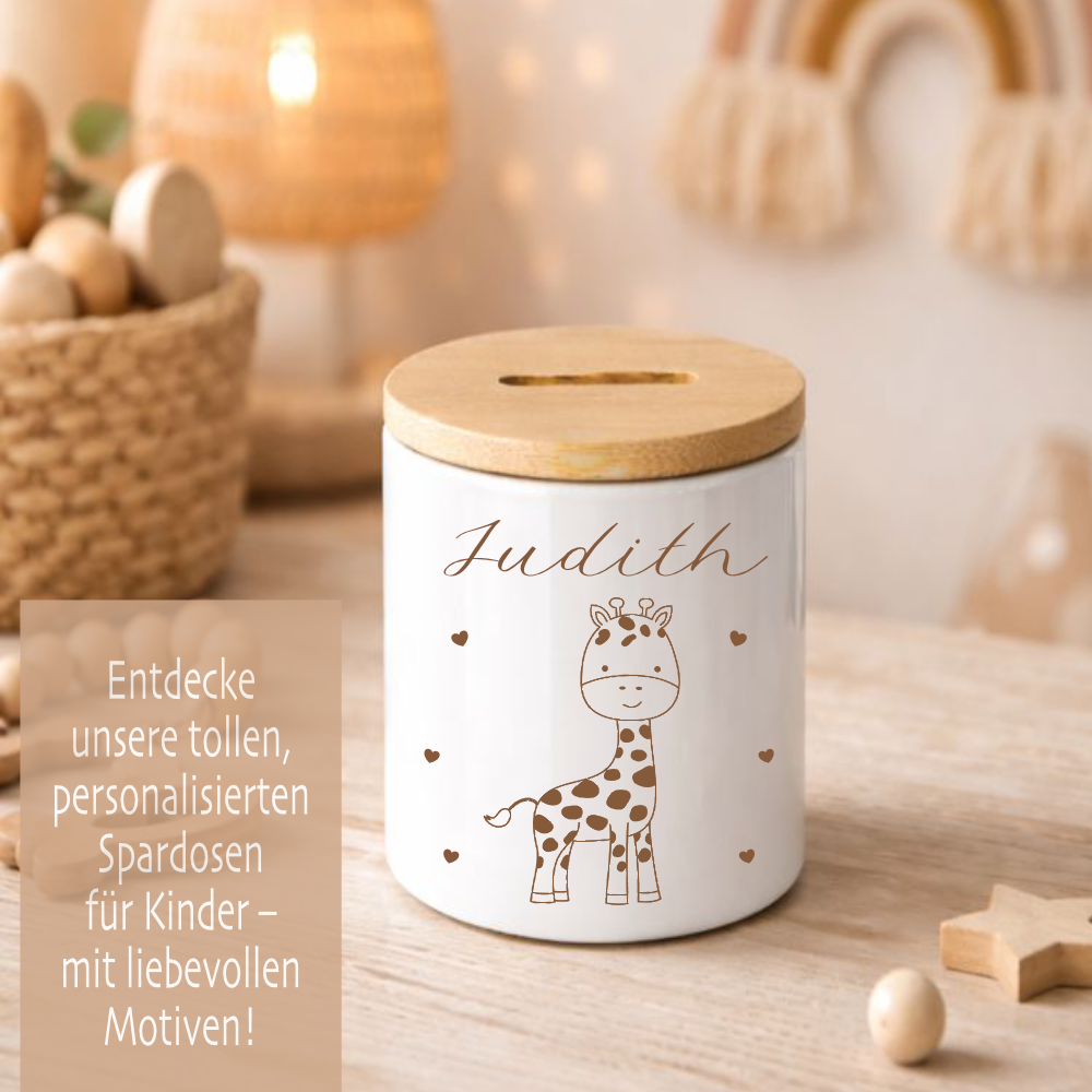 Personalisierte Kinderspardose mit Namen aus Keramik & Bambusdeckel
