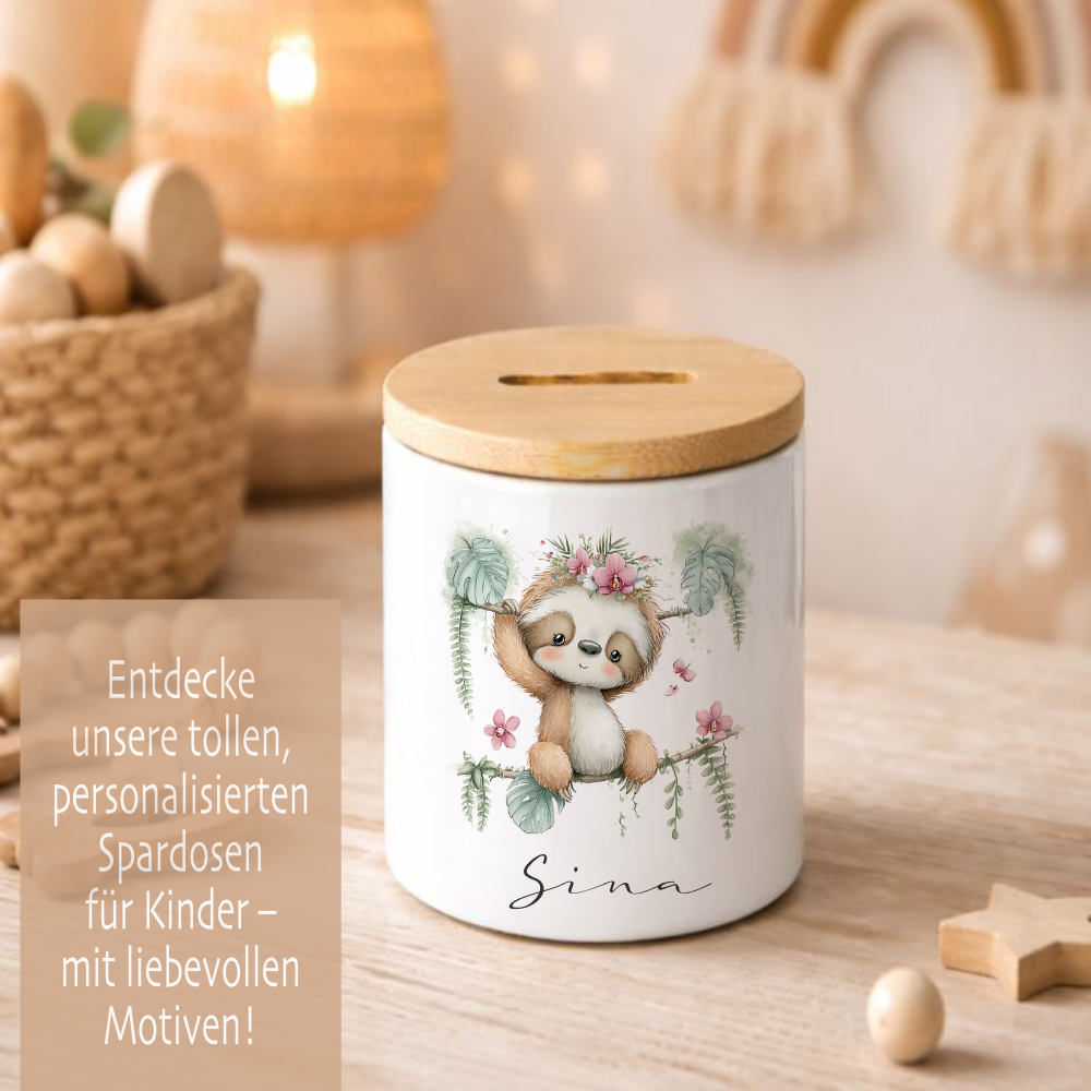 Personalisierte Keramik-Spardose mit Bambusdeckel für Kinder & Babys | Individuelles Geldgeschenk mit Namen | Motive: Igel, Faultier, Otter, Ente, Küken