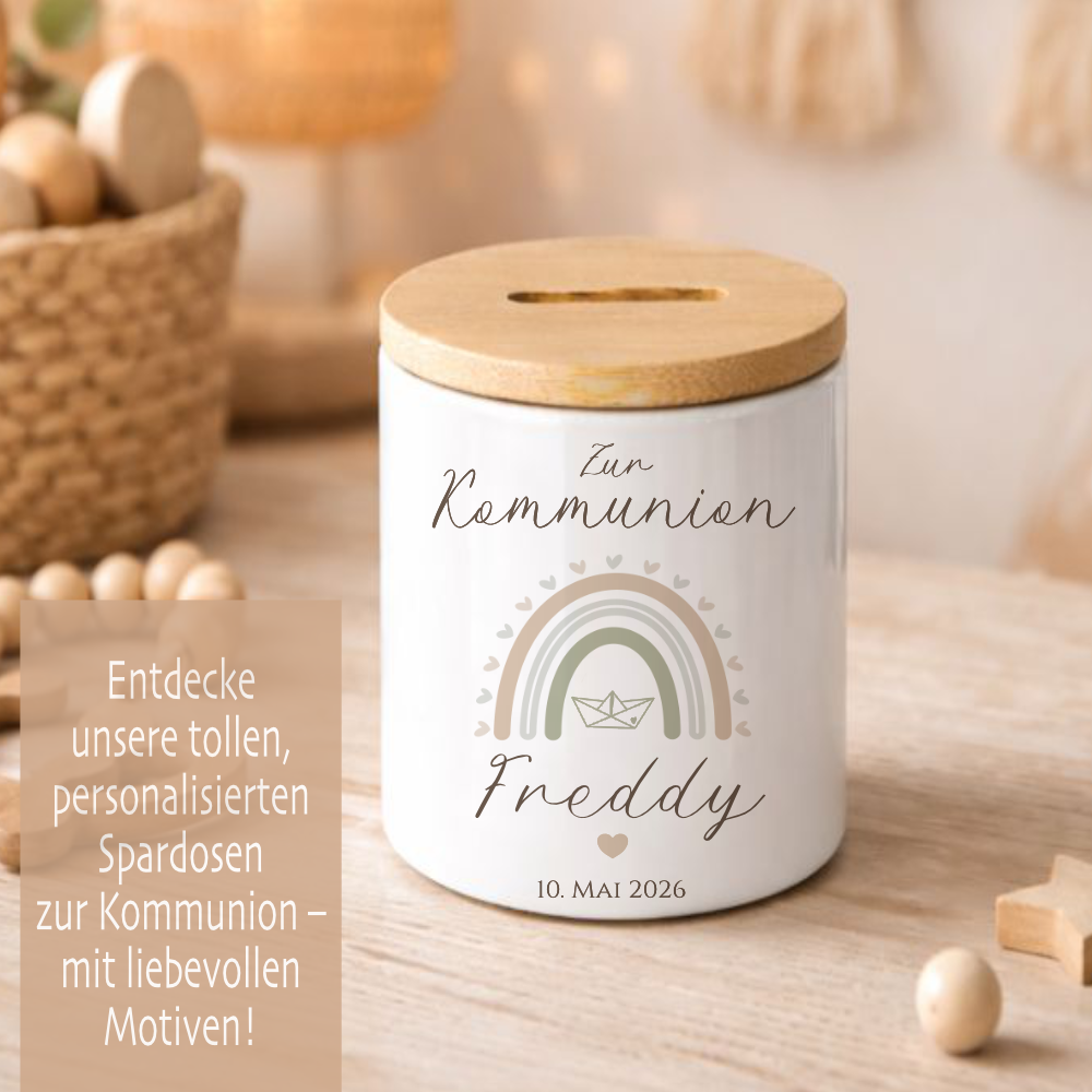Personalisierte Spardose zur Kommunion – Geldgeschenk aus Keramik mit Bambusdeckel