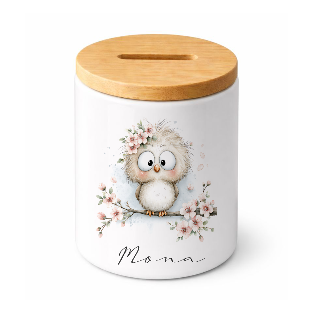 Personalisierte Keramik-Spardose mit Bambusdeckel für Kinder & Babys | Individuelles Geldgeschenk mit Namen | Motive: Igel, Faultier, Otter, Ente, Küken
