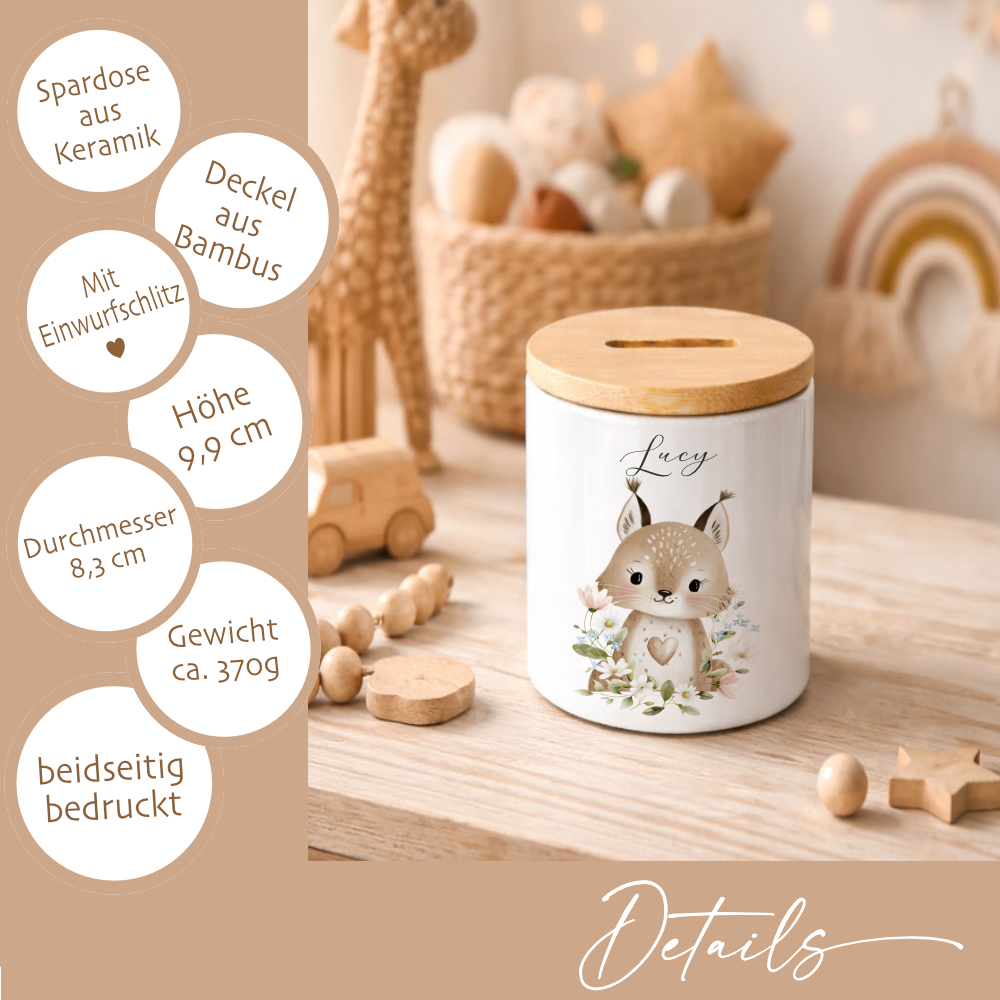 Personalisierte Spardose aus Keramik mit Bambusdeckel – Süße Waldtiere Motive im Boho-Stil – Sparbüchse mit Namen für Kinder