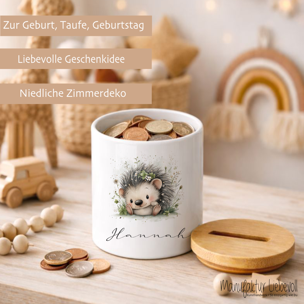 Personalisierte Keramik-Spardose mit Bambusdeckel für Kinder & Babys | Individuelles Geldgeschenk mit Namen | Motive: Igel, Faultier, Otter, Ente, Küken