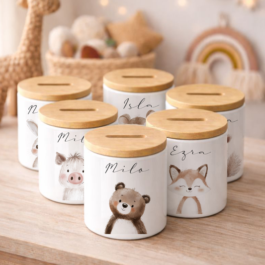 Personalisierte Kinder-Spardose aus Keramik mit Bambusdeckel – liebevolles Geschenk