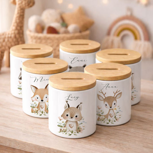 Personalisierte Spardose aus Keramik mit Bambusdeckel – Süße Waldtiere Motive im Boho-Stil – Sparbüchse mit Namen für Kinder