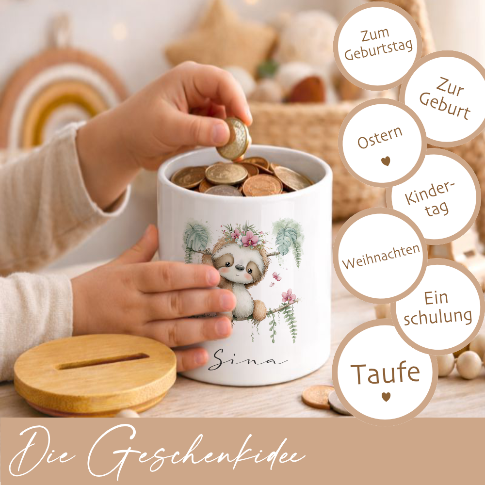 Personalisierte Keramik-Spardose mit Bambusdeckel für Kinder & Babys | Individuelles Geldgeschenk mit Namen | Motive: Igel, Faultier, Otter, Ente, Küken