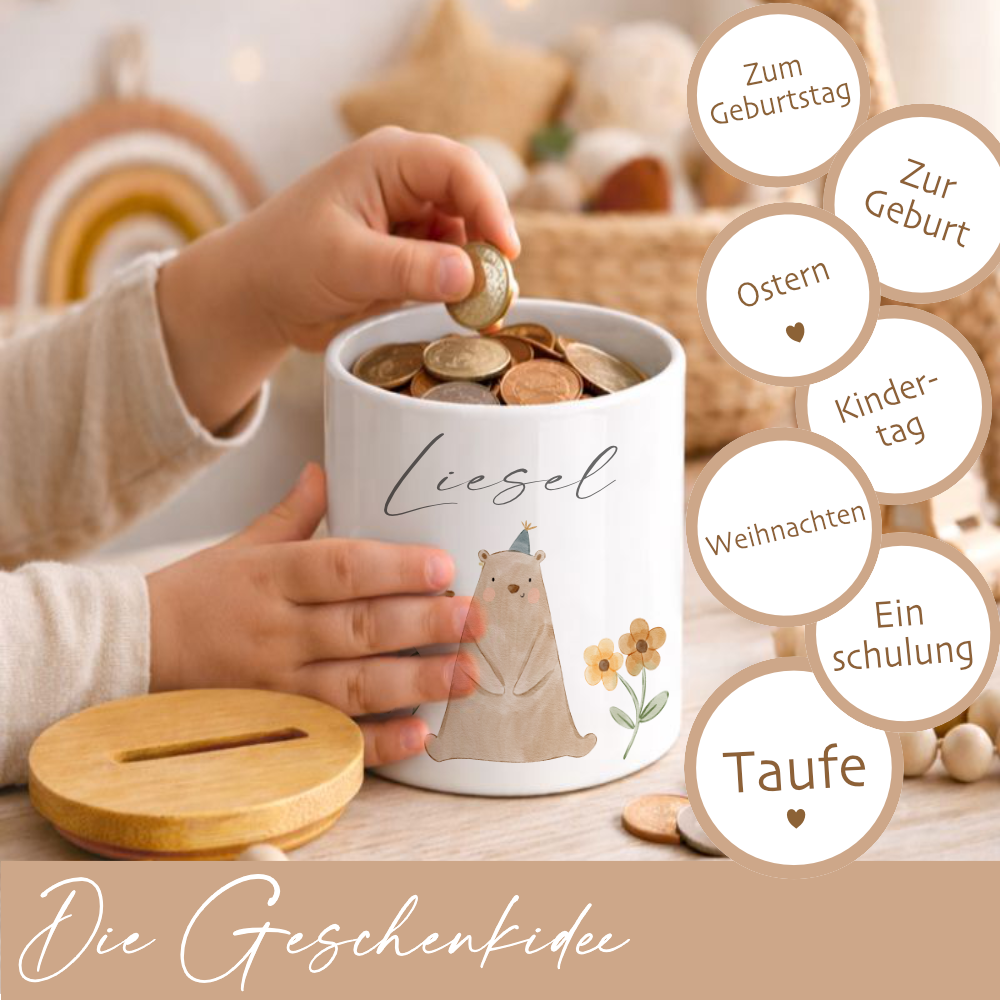 Personalisierte Spardose für Kinder aus Keramik mit Bambusdeckel – mit Namen – 6 Motive