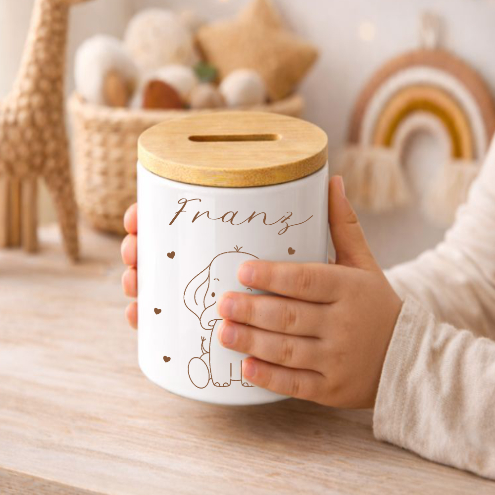 Personalisierte Kinderspardose mit Namen aus Keramik & Bambusdeckel