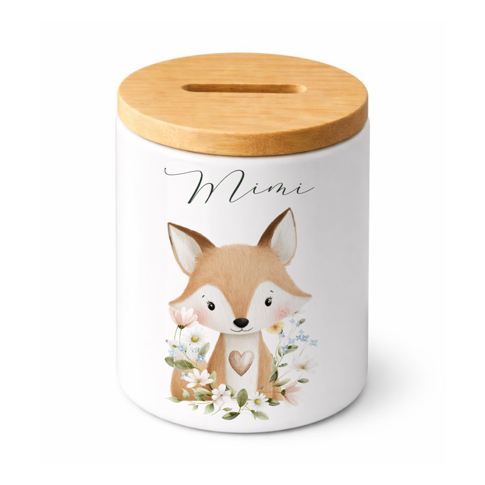 Personalisierte Spardose aus Keramik mit Bambusdeckel – Süße Waldtiere Motive im Boho-Stil – Sparbüchse mit Namen für Kinder