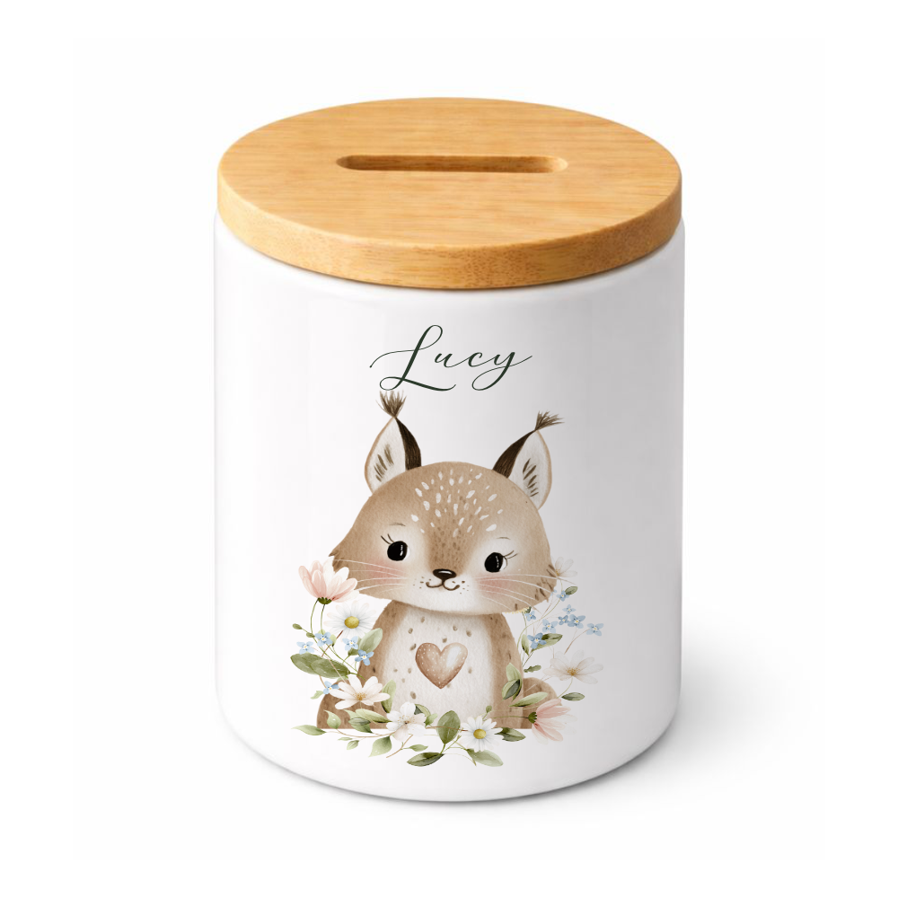 Personalisierte Spardose aus Keramik mit Bambusdeckel – Süße Waldtiere Motive im Boho-Stil – Sparbüchse mit Namen für Kinder