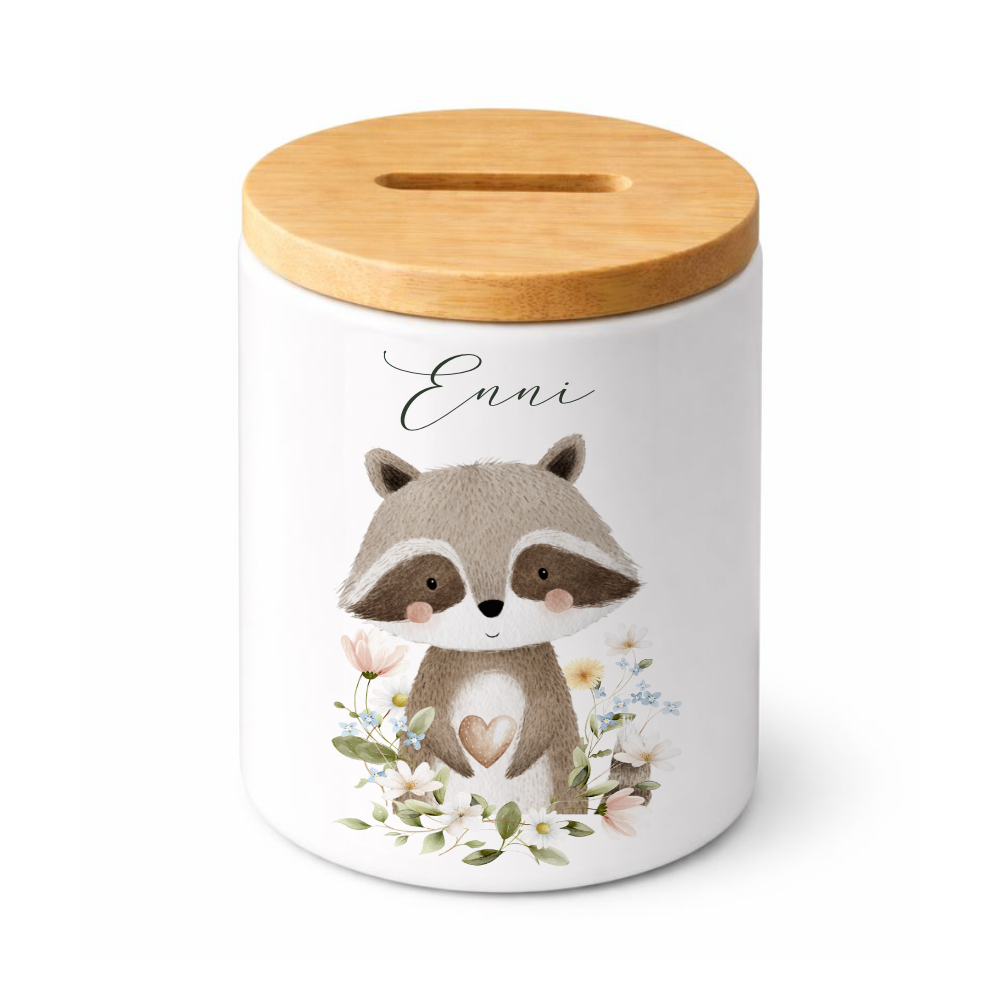 Personalisierte Spardose aus Keramik mit Bambusdeckel – Süße Waldtiere Motive im Boho-Stil – Sparbüchse mit Namen für Kinder