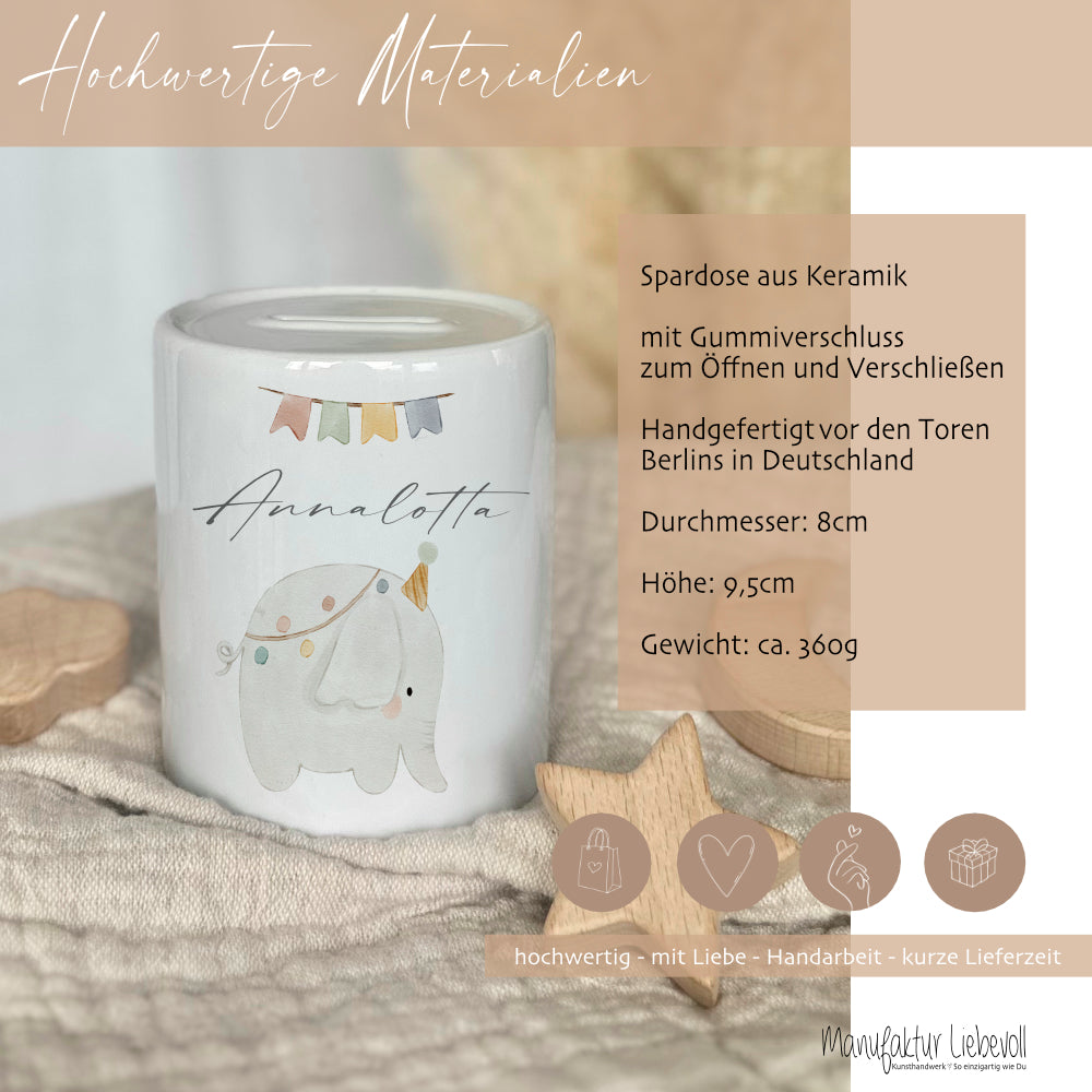 Spardose Elefant - Personalisierte Sparbüchse aus Keramik mit dem Namen des Kindes