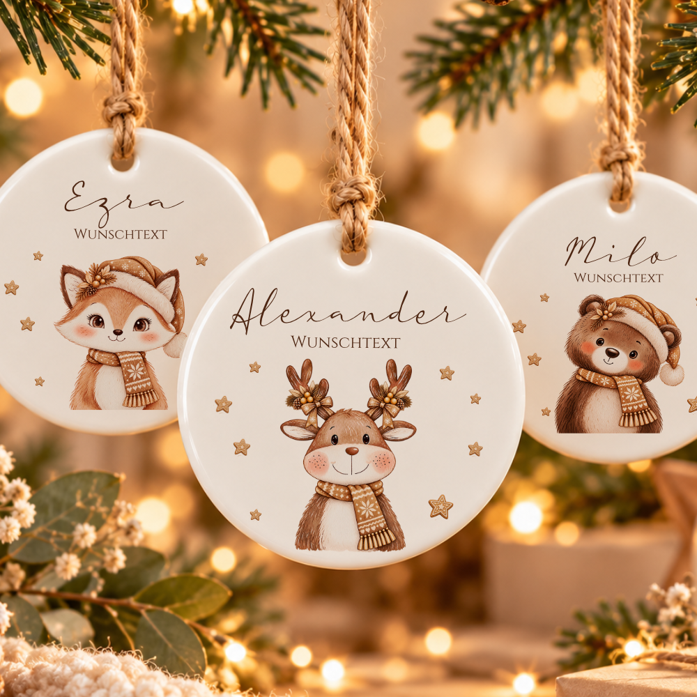 Weihnachtsanhänger aus Keramik personalisiert mit Namen – 6 Tiermotive