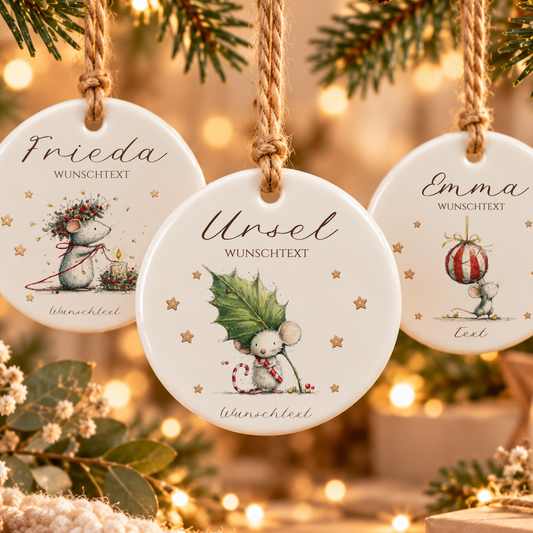 Weihnachtsanhänger aus Keramik personalisiert mit Namen – 4 Mäusemotive