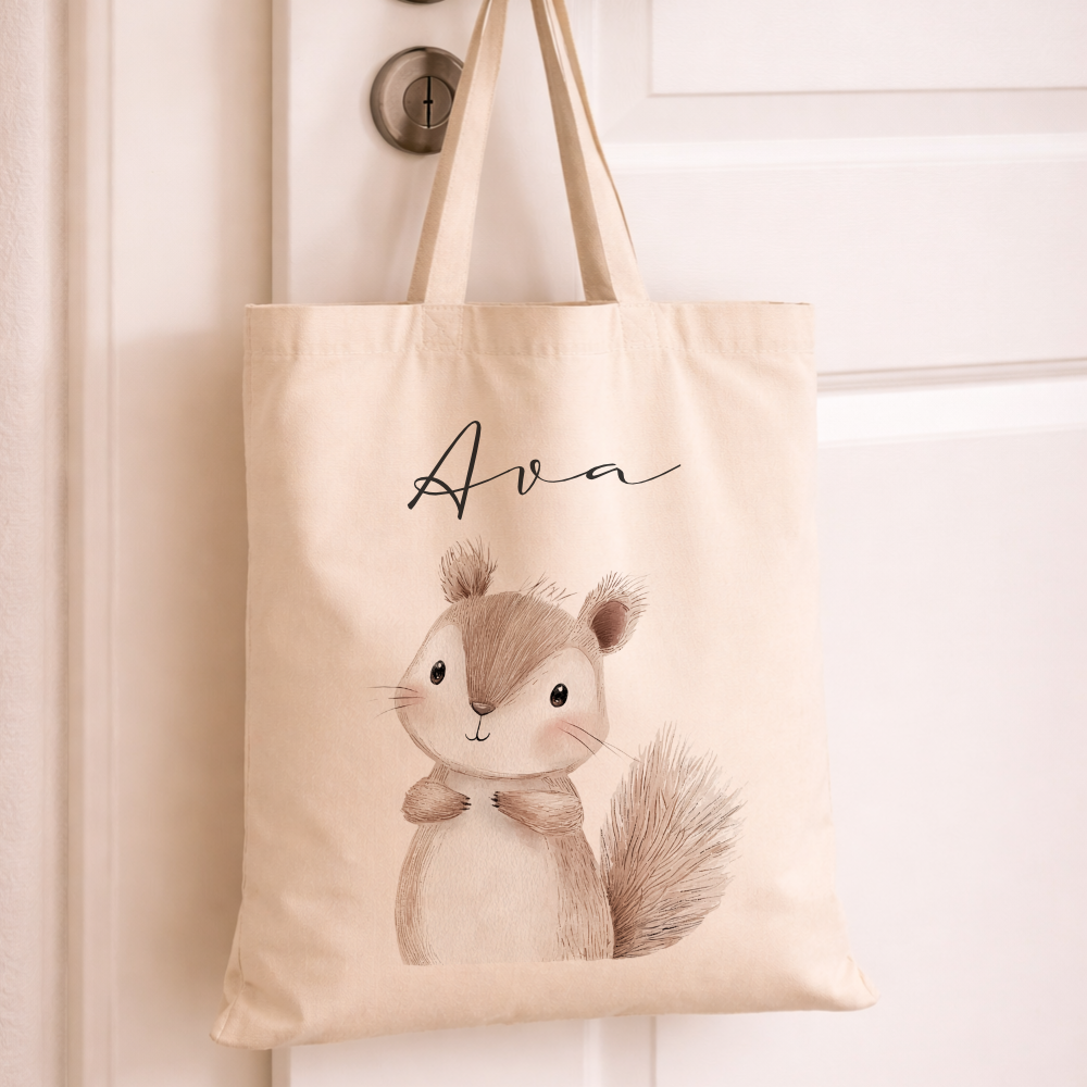 Personalisierter Stoffbeutel für Kinder mit Namen & Waldtier-Motiv Kinderbeutel – Beige Leinenoptik