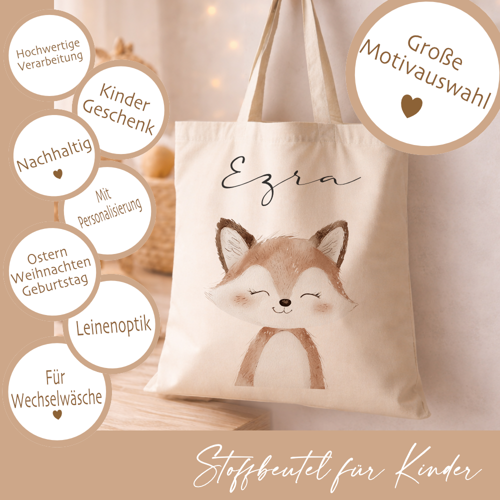 Personalisierter Stoffbeutel für Kinder mit Namen & Waldtier-Motiv Kinderbeutel – Beige Leinenoptik