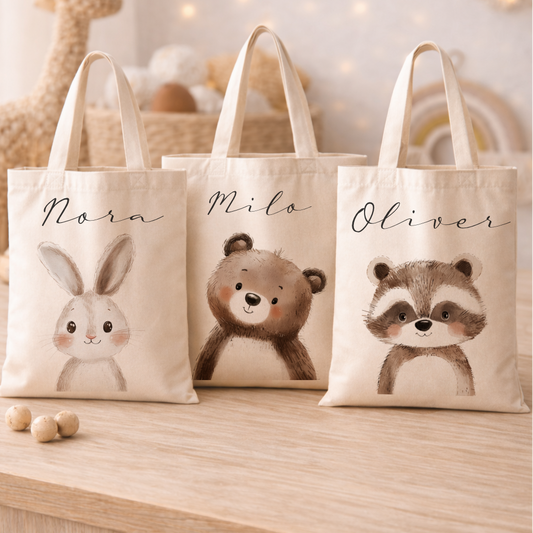 Personalisierter Stoffbeutel für Kinder mit Namen & Waldtier-Motiv Kinderbeutel – Beige Leinenoptik