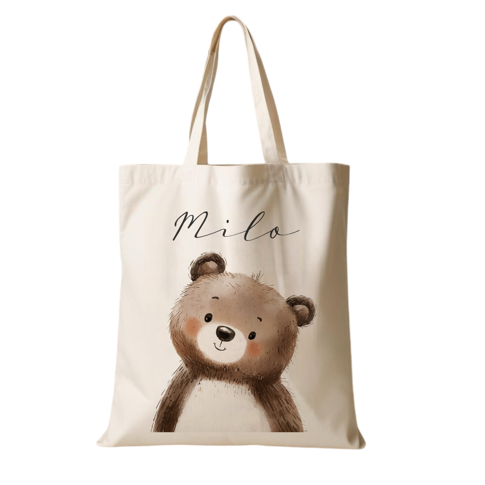 Personalisierter Stoffbeutel für Kinder mit Namen & Waldtier-Motiv Kinderbeutel – Beige Leinenoptik