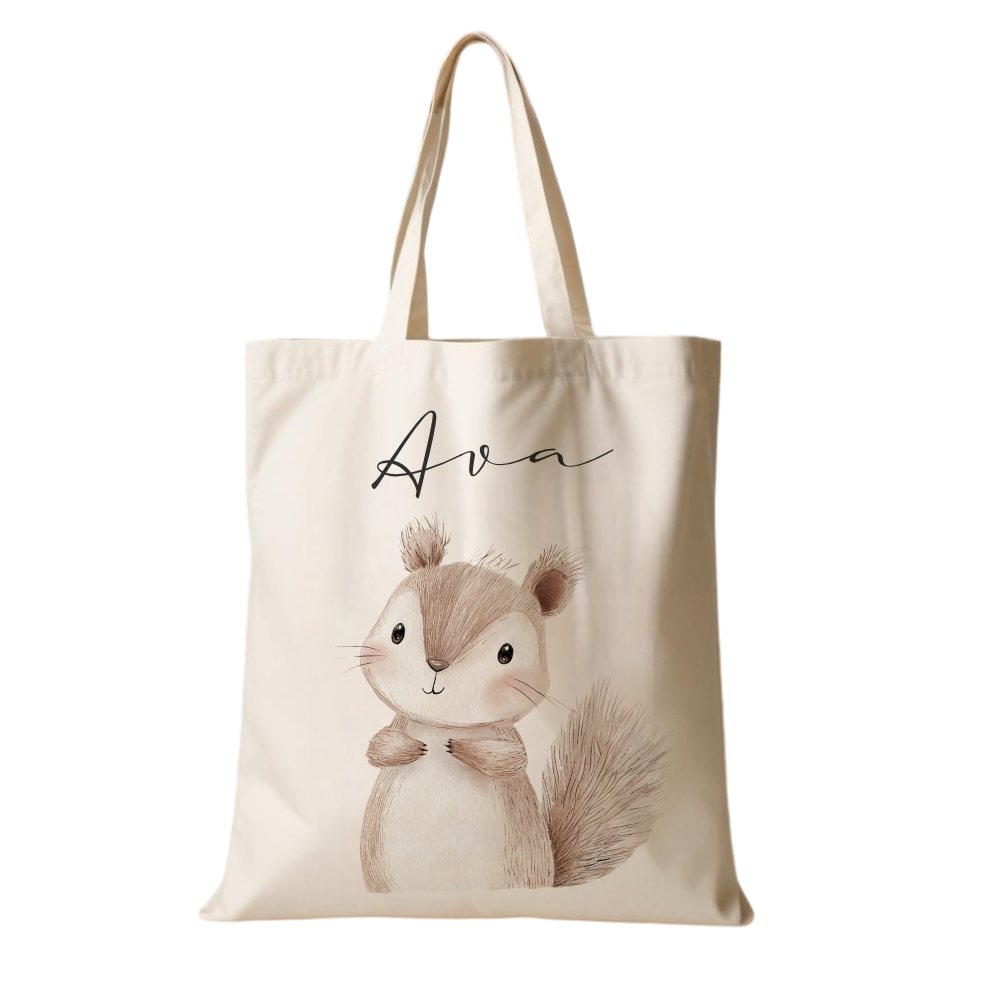 Personalisierter Stoffbeutel für Kinder mit Namen & Waldtier-Motiv Kinderbeutel – Beige Leinenoptik