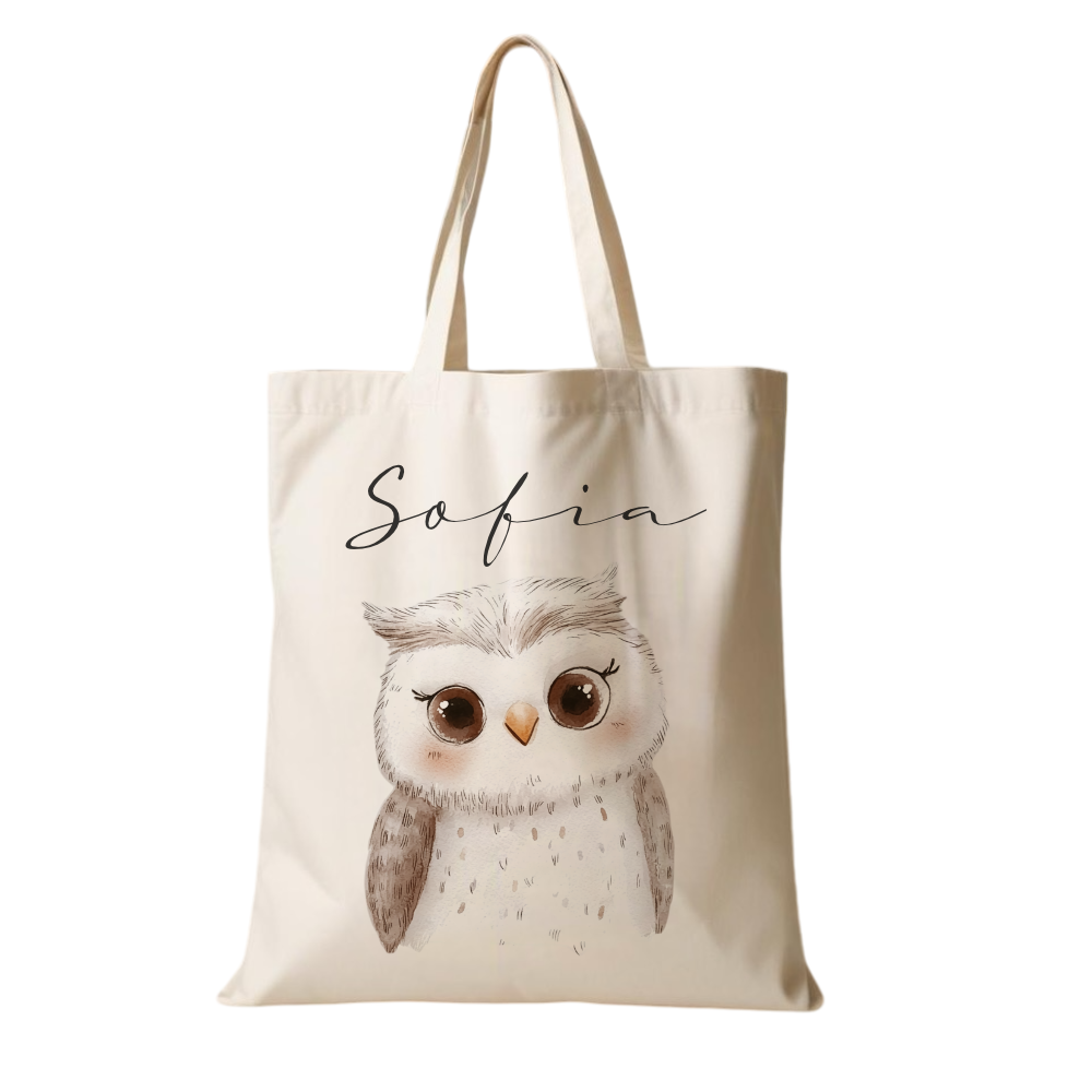 Personalisierter Stoffbeutel für Kinder mit Namen & Waldtier-Motiv Kinderbeutel – Beige Leinenoptik