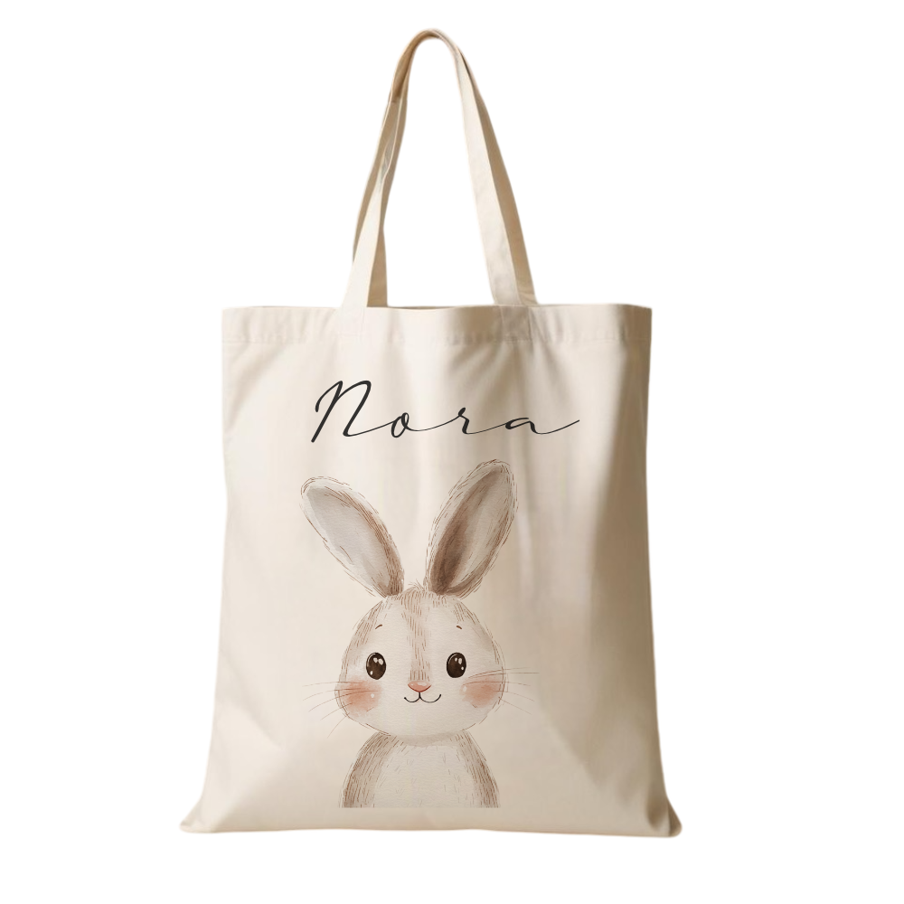 Personalisierter Stoffbeutel für Kinder mit Namen & Waldtier-Motiv Kinderbeutel – Beige Leinenoptik